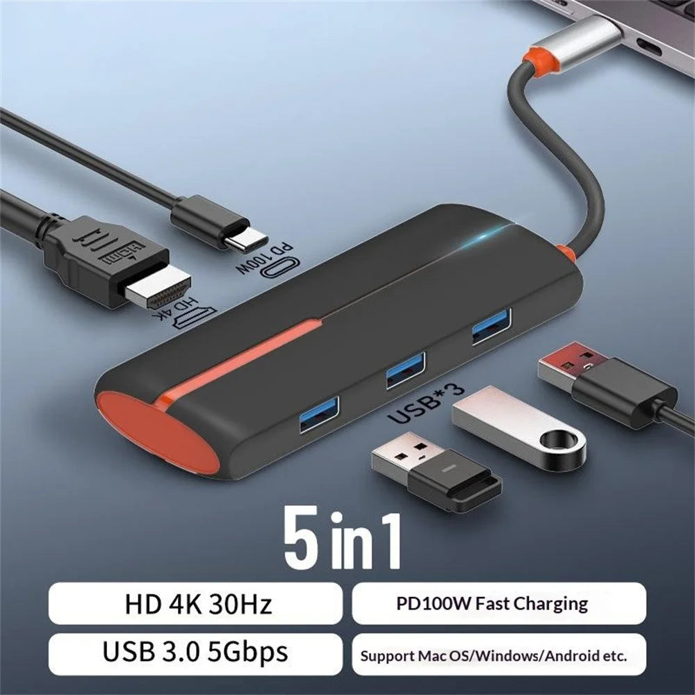 LDNIO DS-25H Type-C Hub 5 in 1 HD 4K 30Hz PD 100W Fast Charging 3 USB3.0 Splitter Adapter - Black - 2