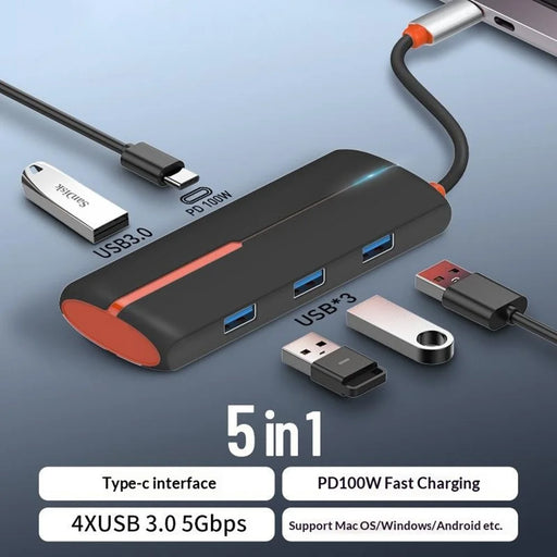 LDNIO DS-25U Type-C Hub 5 in 1 PD 100W Fast Charging 5Gbps High Speed USB 3.0 Adapter - Black - 2