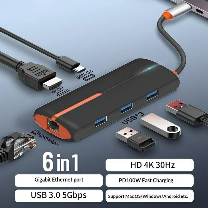 LDNIO DS-26H USB-C 6 in 1 Hub 4K HD + 100W PD Charging + 1000Mbps Ethernet + 3 USB3.0 Type-C Adapter for Laptop - Black - 2