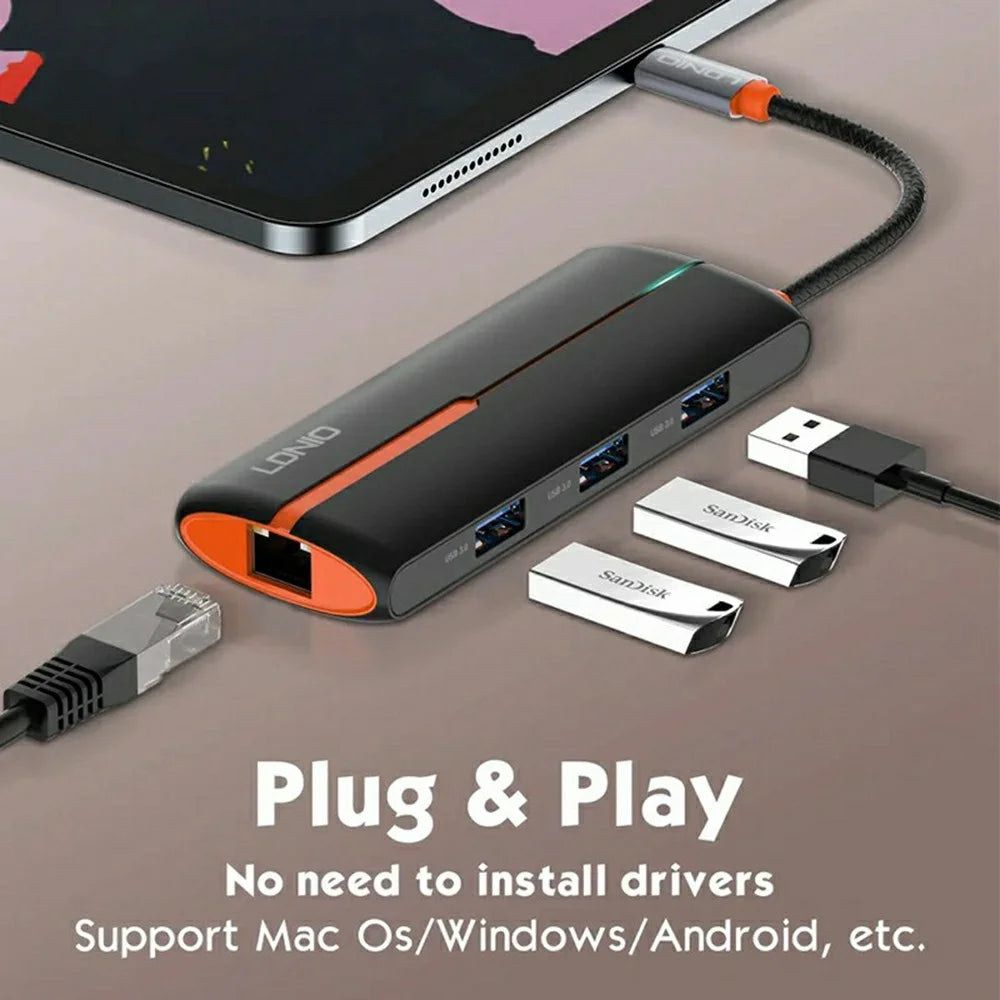 LDNIO DS-26U 6 in 1 USB-C Hub Dock 1000Mbps Ethernet + PD 100W Fast Charging + 3 5Gbps USB 3.0 + USB 2.0 Type-C Adapter - Black - 3