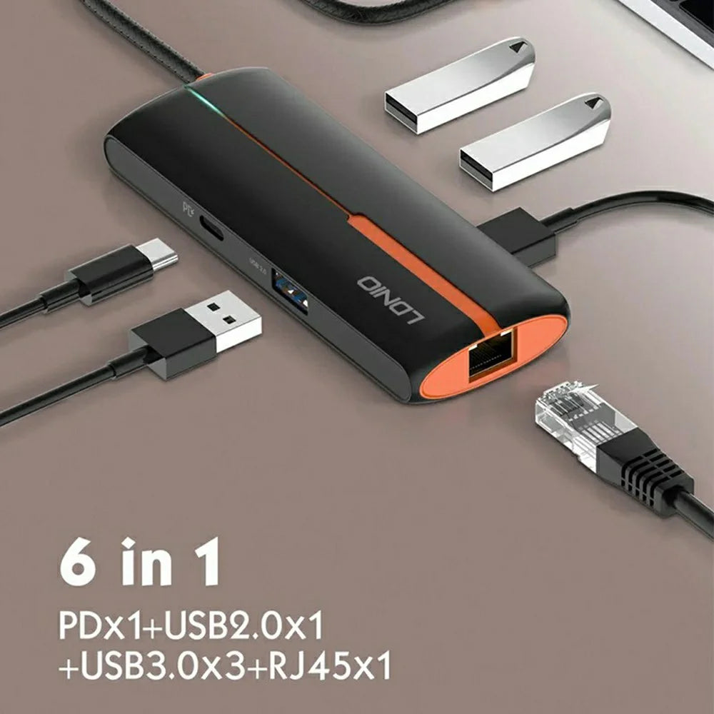 LDNIO DS-26U 6 in 1 USB-C Hub Dock 1000Mbps Ethernet + PD 100W Fast Charging + 3 5Gbps USB 3.0 + USB 2.0 Type-C Adapter - Black - 4