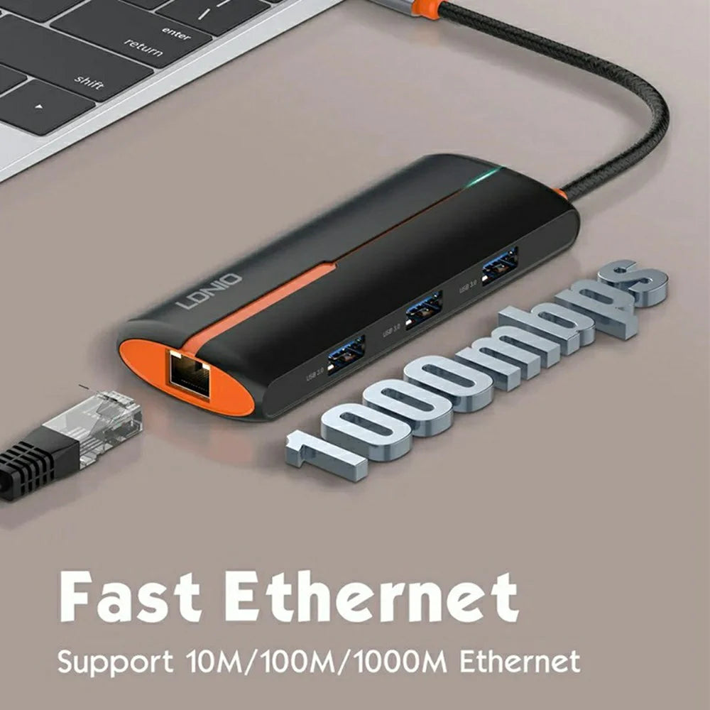 LDNIO DS-26U 6 in 1 USB-C Hub Dock 1000Mbps Ethernet + PD 100W Fast Charging + 3 5Gbps USB 3.0 + USB 2.0 Type-C Adapter - Black - 6