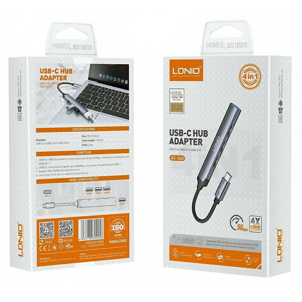 LDNIO DS-34U 4 in 1 USB-C Hub Type-C to USB 3.0 + 3 USB 2.0 Adapter for Laptop Desktop - Grey - 5