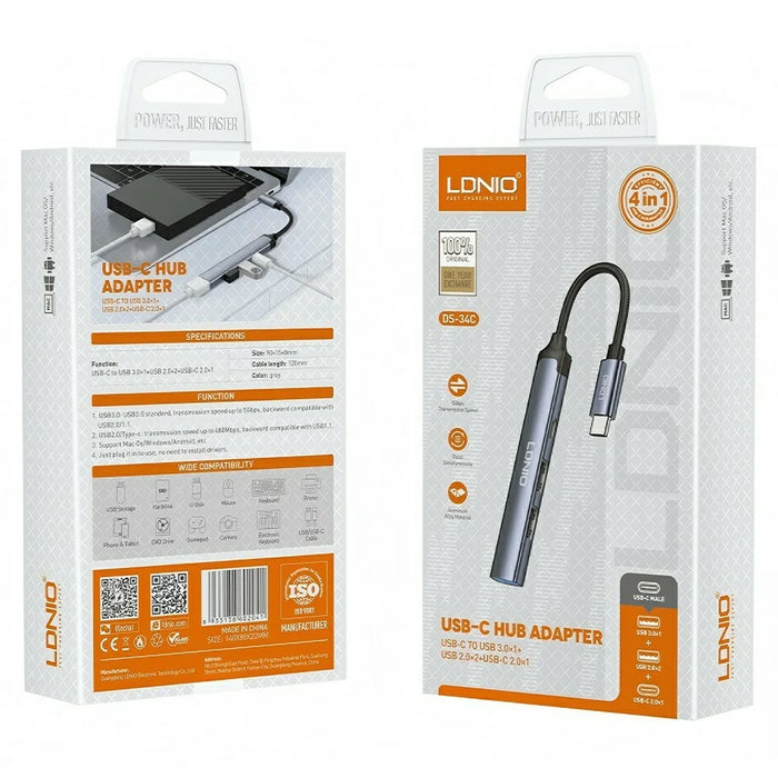 LDNIO DS-34C USB-C Hub 4 in 1 Adapter Type-C to USB3.0 5Gbps + 2 USB2.0 + Type-C Splitter for Laptop Tablet - Grey - 5