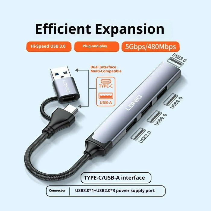LDNIO DS-64U 4 in 1 USB Hub Type-C / USB-A to USB 3.0+ 3 USB 2.0 Output Adapter for Laptop Desktop - Grey - 2