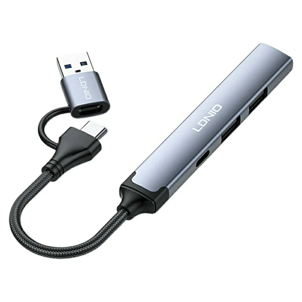 LDNIO DS-64C 4 in 1 USB Hub Type-C USB-A Dual Input to USB 3.0 5Gbps + 2 USB 2.0 + Type-C Adapter - Grey - 1