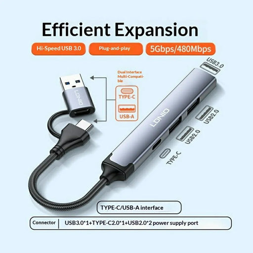 LDNIO DS-64C 4 in 1 USB Hub Type-C USB-A Dual Input to USB 3.0 5Gbps + 2 USB 2.0 + Type-C Adapter - Grey - 2