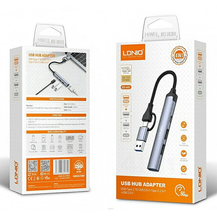 LDNIO DS-64C 4 in 1 USB Hub Type-C USB-A Dual Input to USB 3.0 5Gbps + 2 USB 2.0 + Type-C Adapter - Grey - 3