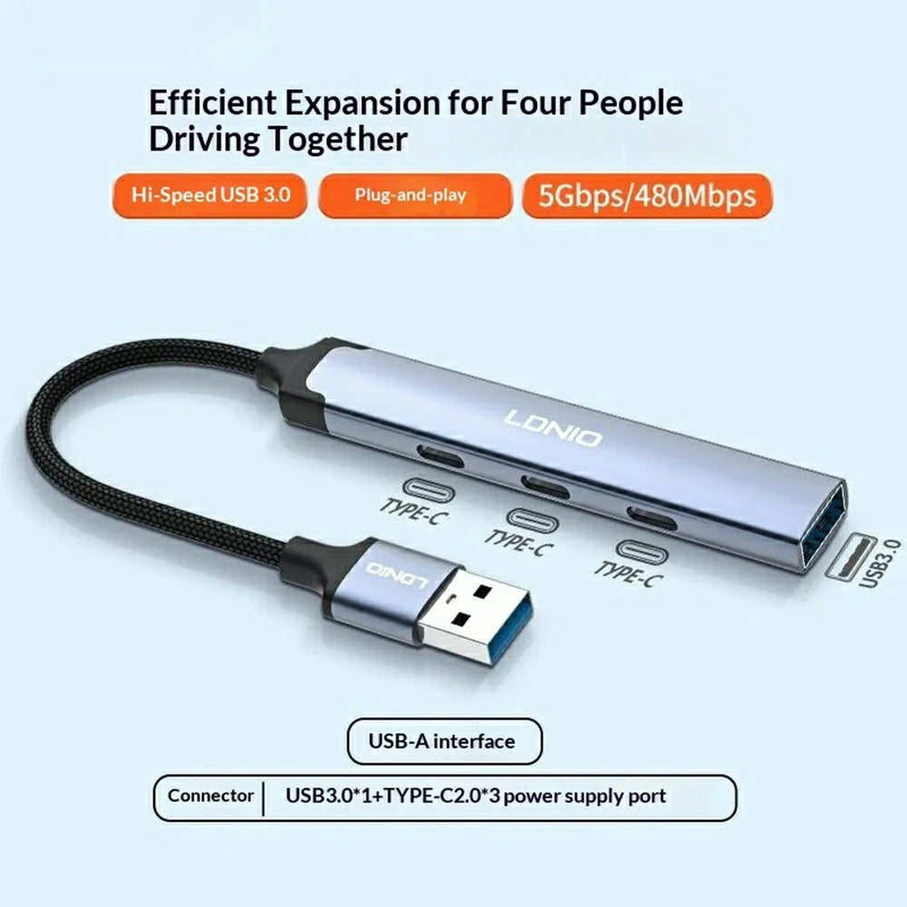 LDNIO DS-74U 4 in 1 Hub USB-A to USB 3.0 5Gbps + 3 Type-C 2.0 Adapter for Laptop PC - Grey - 2