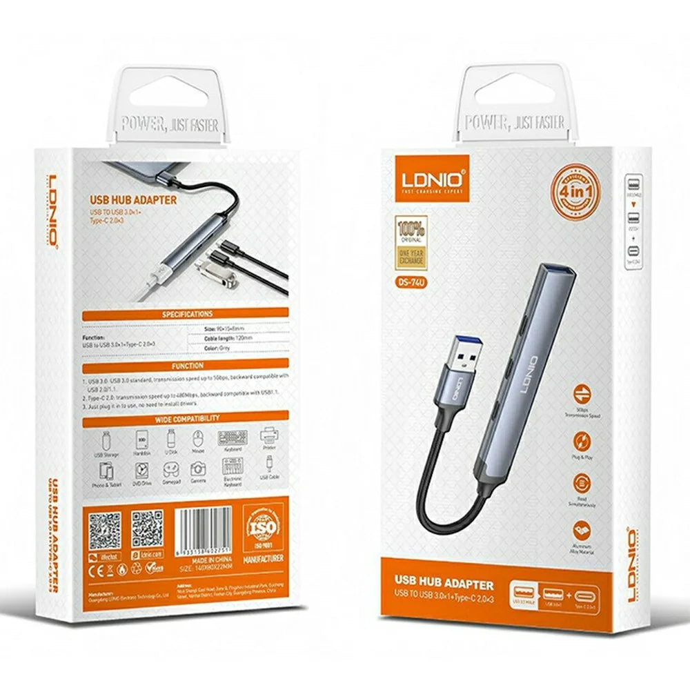 LDNIO DS-74U 4 in 1 Hub USB-A to USB 3.0 5Gbps + 3 Type-C 2.0 Adapter for Laptop PC - Grey - 6