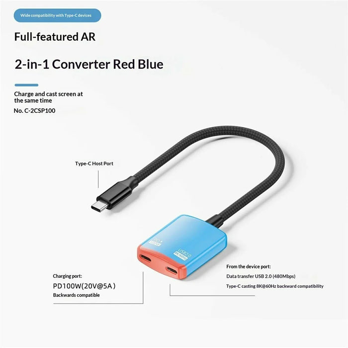 D0249 Type-C Hub 2 in 1 Converter 100W PD Fast Charging 8K@60Hz HD Display for AR Glasses Gaming Console - Red / Blue - 5
