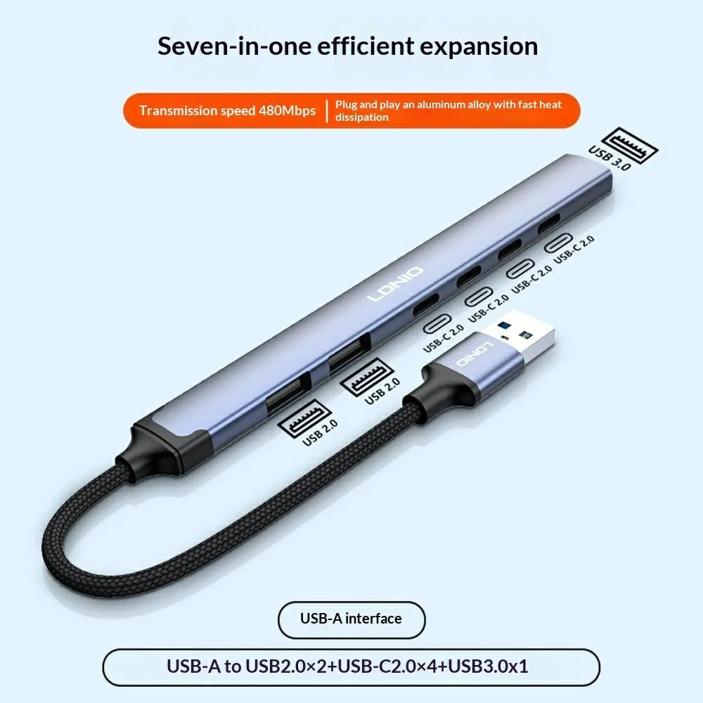 LDNIO DS-87U 7 in 1 USB-A Hub Aluminum Alloy USB 3.0 + 2x USB 2.0 + 4x Type-C 2.0 Splitter - Grey - 2