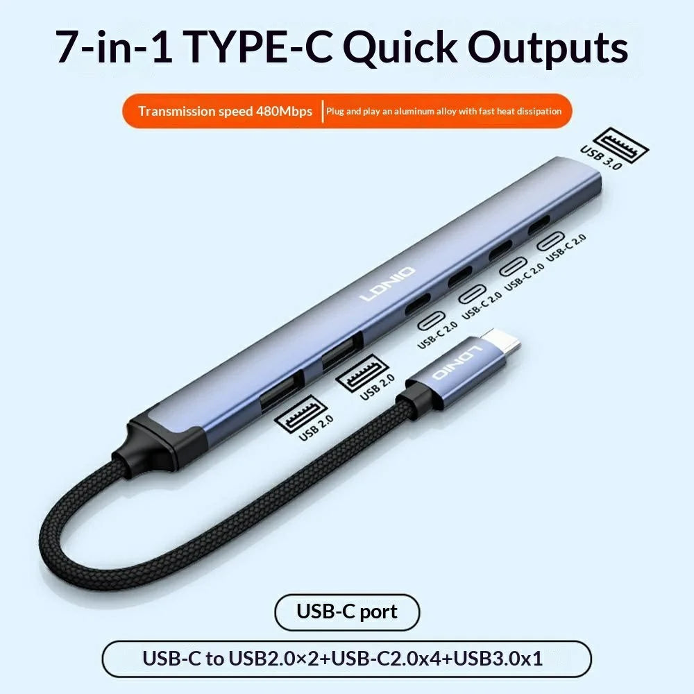 LDNIO DS-87C 7 in 1 USB-C Hub USB 3.0 + USB 2.0 Splitter Aluminum Alloy High Speed Data Transfer Adapter - Grey - 2