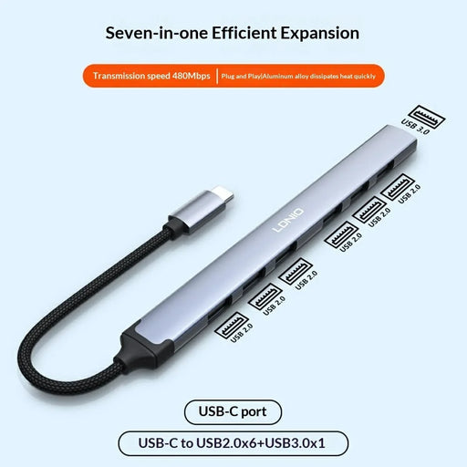 LDNIO DS-97C Aluminum Alloy Type-C Hub 7 in 1 USB-C to USB3.0 + 6x USB2.0 Splitter Adapter - Grey - 2