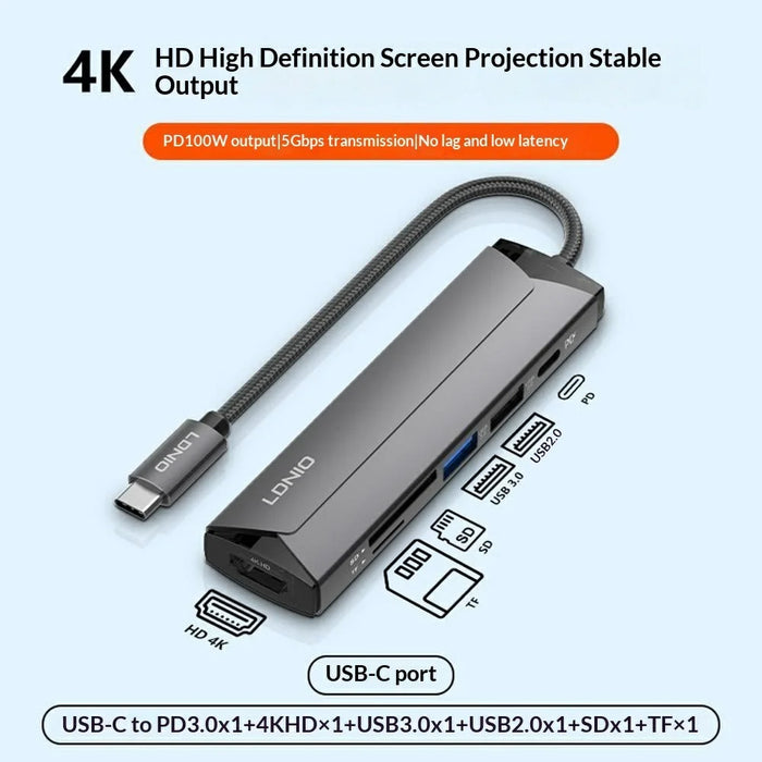 LDNIO DS-56H USB-C Hub 6 in 1 Docking Station 4K HD PD 100W Fast Charging USB 3.0 / 2.0 SD TF Card Reader - Grey - 2