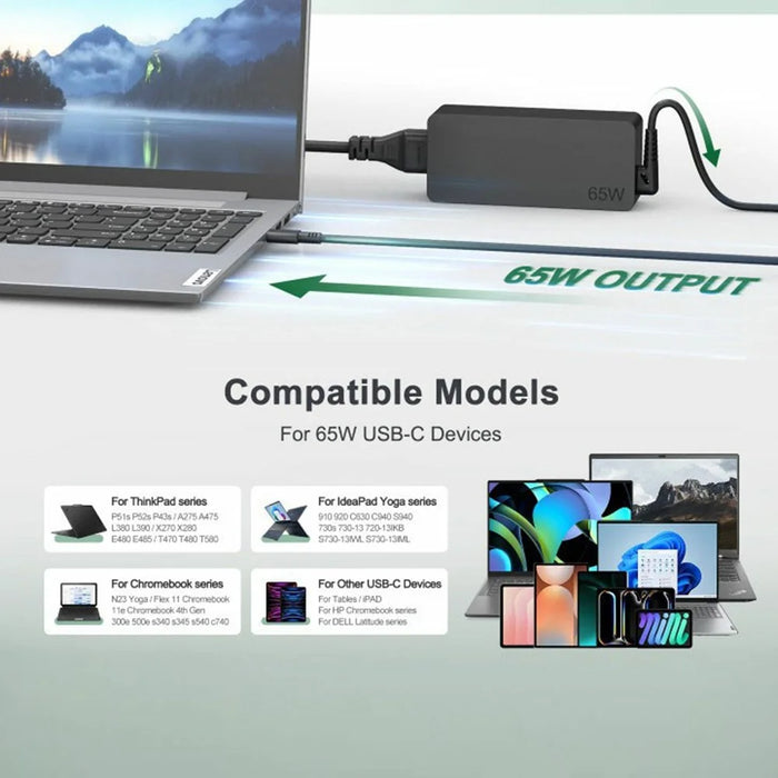 65W USB-C Charger for Huawei HP Dell Lenovo ThinkPad Yoga Chromebook Laptop Power Adapter - EU Plug - 6