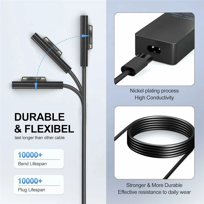 65W Laptop Charger for Microsoft Surface Pro 11  /  10  /  9  /  8  /  7 15V  /  4A Power Adapter with 5V  /  1A USB Port - US Plug - 6