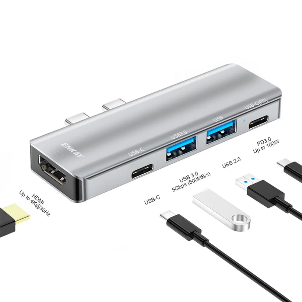 ENKAY HAT PRINCE Dual Type-C Ports Docking Station USB-C Hub to USB3.0+USB2.0+USB-C+HD 4K+PD Charging Adapter for MacBook Pro / Air - 2