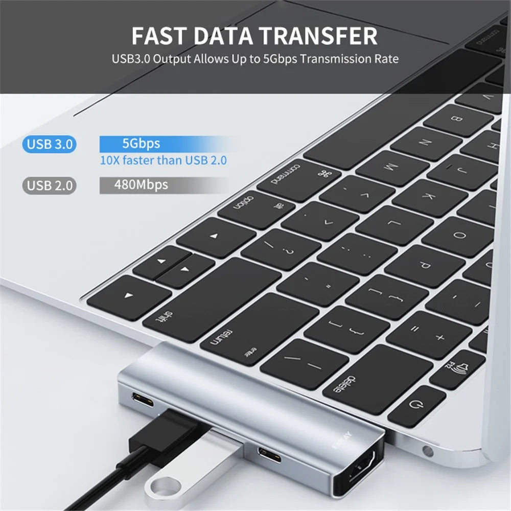 ENKAY HAT PRINCE Dual Type-C Ports Docking Station USB-C Hub to USB3.0+USB2.0+USB-C+HD 4K+PD Charging Adapter for MacBook Pro / Air - 5