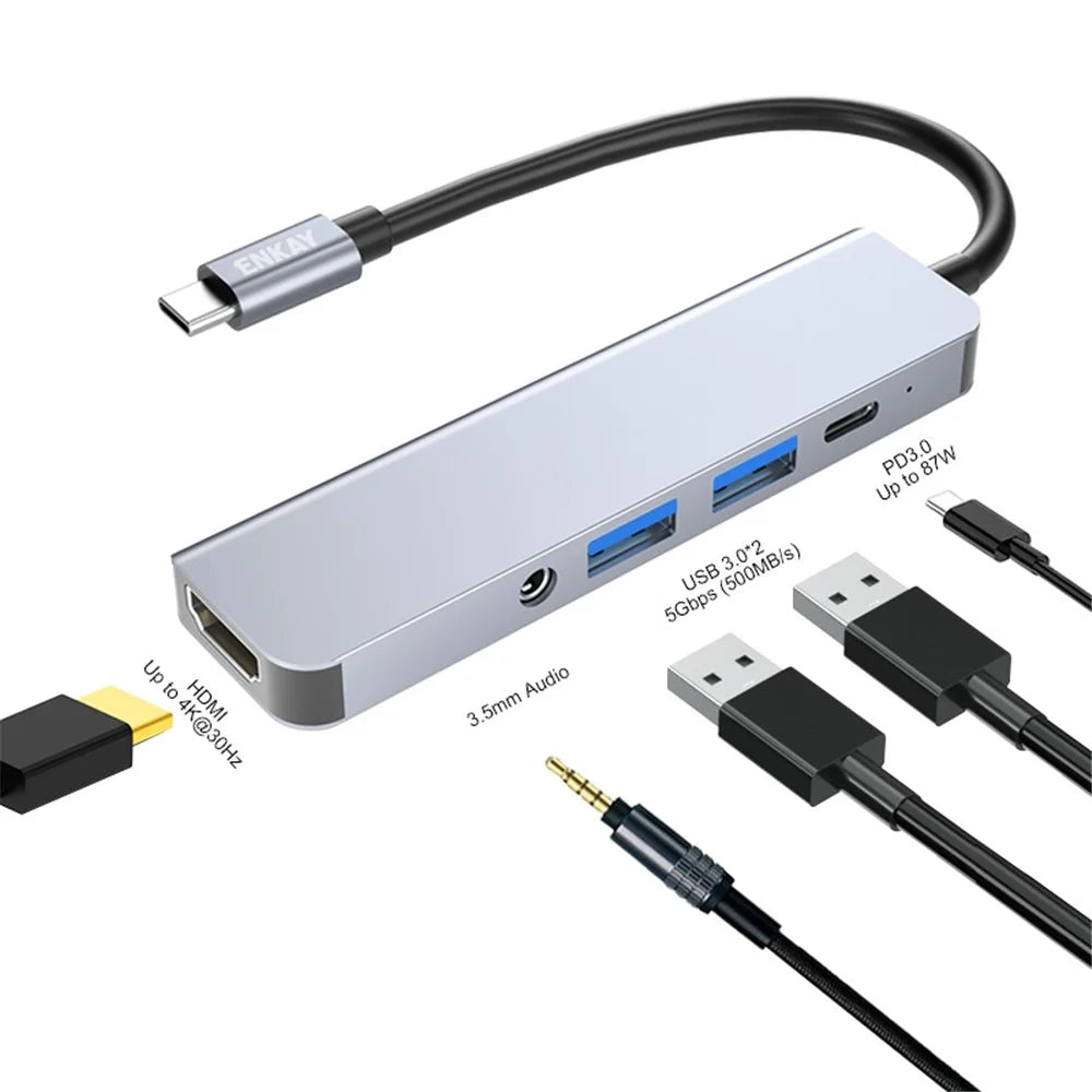 ENKAY HAT PRINCE 5-in-1 USB-C Hub Docking Station Type-C to HD 4K Dual USB3.0 3.5mm Audio Jack PD 60W Fast Charging - 2