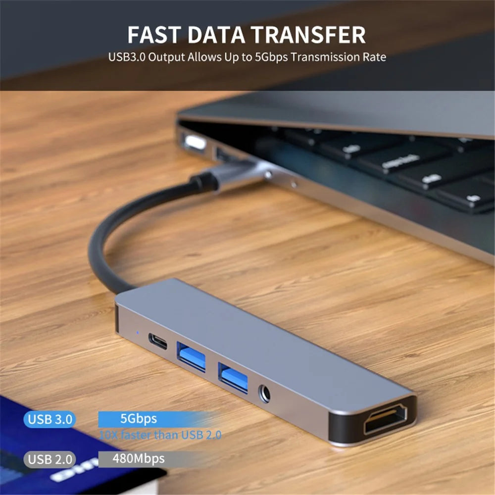 ENKAY HAT PRINCE 5-in-1 USB-C Hub Docking Station Type-C to HD 4K Dual USB3.0 3.5mm Audio Jack PD 60W Fast Charging - 4