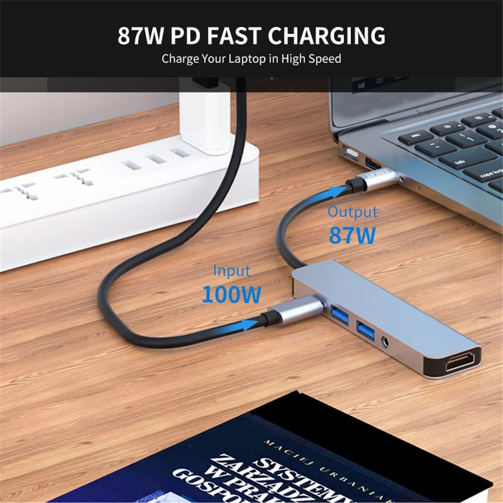 ENKAY HAT PRINCE 5-in-1 USB-C Hub Docking Station Type-C to HD 4K Dual USB3.0 3.5mm Audio Jack PD 60W Fast Charging - 5
