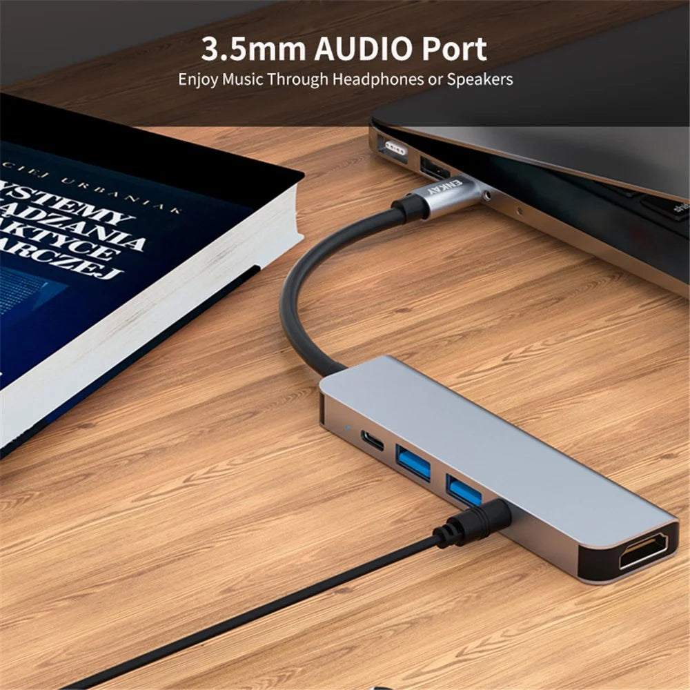 ENKAY HAT PRINCE 5-in-1 USB-C Hub Docking Station Type-C to HD 4K Dual USB3.0 3.5mm Audio Jack PD 60W Fast Charging - 6