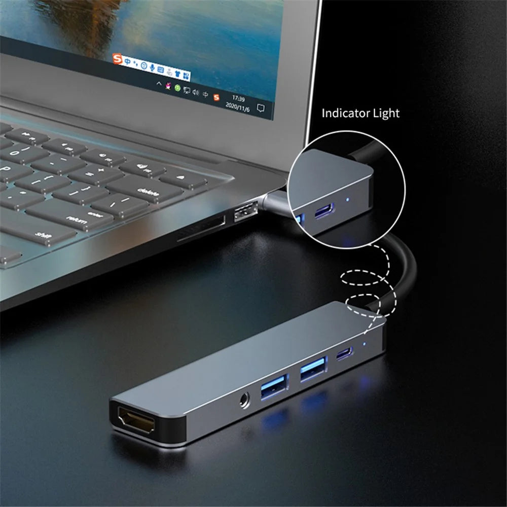 ENKAY HAT PRINCE 5-in-1 USB-C Hub Docking Station Type-C to HD 4K Dual USB3.0 3.5mm Audio Jack PD 60W Fast Charging - 7