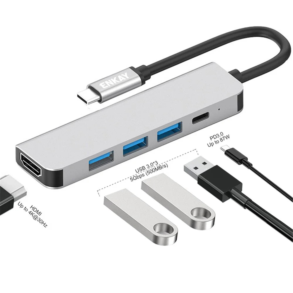 ENKAY HAT PRINCE 5-in-1 Type-C Hub to 4K HD Video Output+3xUSB3.0+PD Fast Charging USB-C Dock Station for Laptop PC - 2
