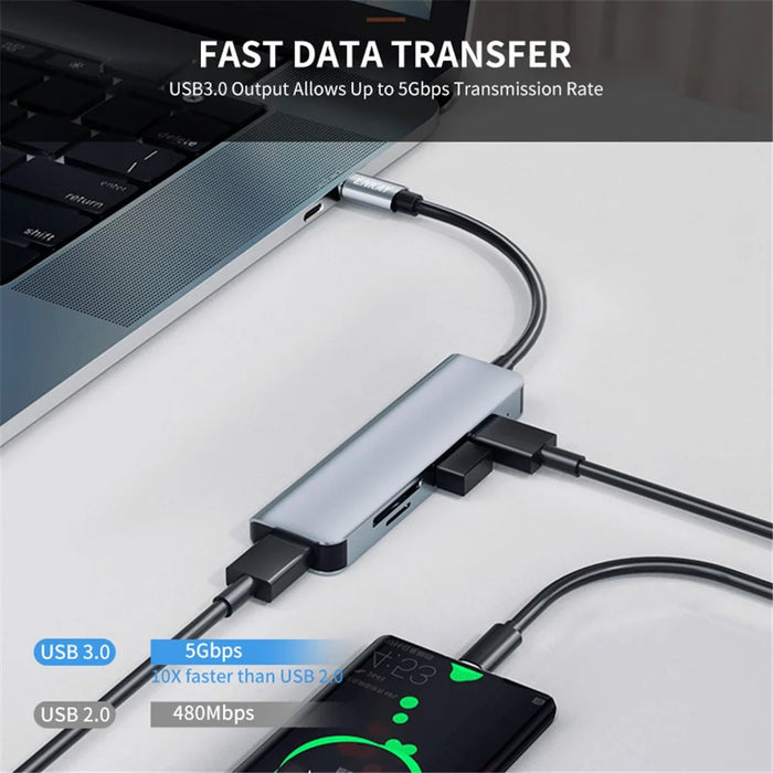 ENKAY HAT PRINCE Type-C Hub Adapter 5-in-1 Multi-Port Converter to USB3.0 + 2xUSB2.0 + SD / TF Card Reader Compatible with Type-C Devices and OS Systems - 4