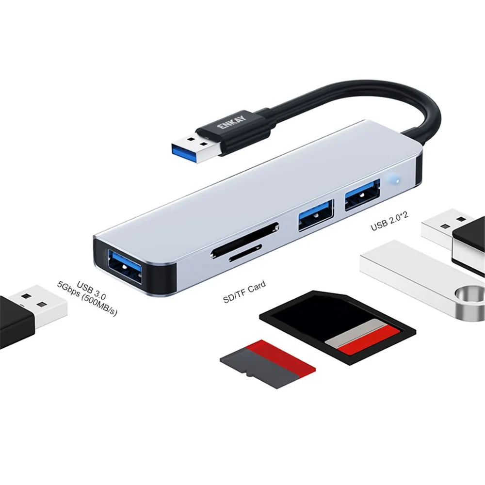ENKAY HAT PRINCE 5-in-1 USB Hub  Multi-Port Adapter Converter to USB3.0 + 2xUSB2.0 + SD / TF Card Reader for Extended Monitor PC Laptop Desktop - 2