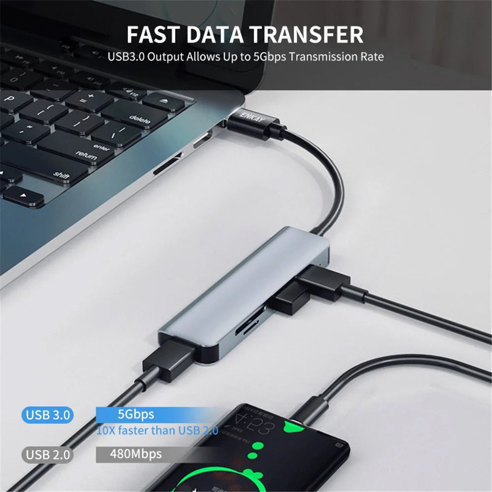 ENKAY HAT PRINCE 5-in-1 USB Hub  Multi-Port Adapter Converter to USB3.0 + 2xUSB2.0 + SD / TF Card Reader for Extended Monitor PC Laptop Desktop - 4