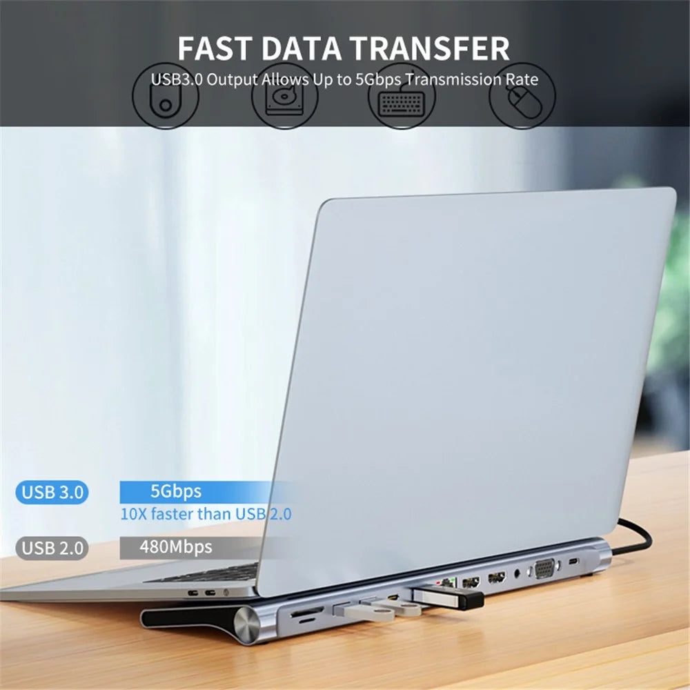 JUNSUNMAY JSM-HUB022 12-in-1 Type-C Docking Station Multi-Port Type-C Hub Converter USB-C to HD + VGA + RJ45 100Mbps + TF Card + 3.5mm Audio - 3
