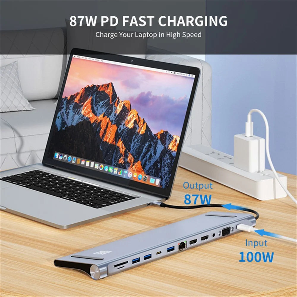 JUNSUNMAY JSM-HUB022 12-in-1 Type-C Docking Station Multi-Port Type-C Hub Converter USB-C to HD + VGA + RJ45 100Mbps + TF Card + 3.5mm Audio - 4