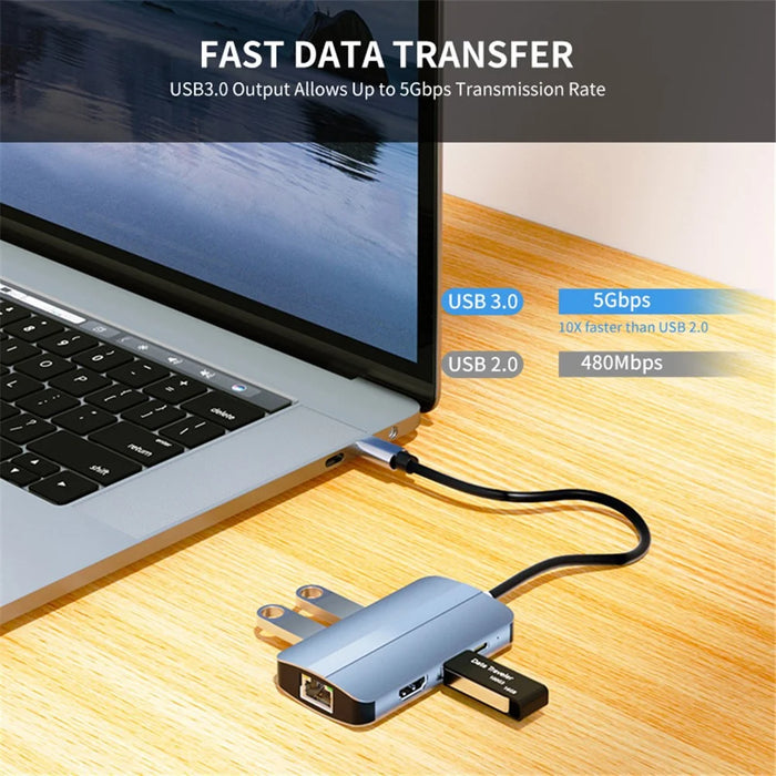 JUNSUNMAY JSM-HUB003 Type-C Hub Adapter 6-in-1 USB-C Docking Station Splitter Support 4K HD Video, 100Mbps, 87W PD Charging Converter - 4