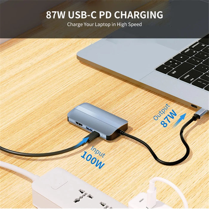 JUNSUNMAY JSM-HUB003 Type-C Hub Adapter 6-in-1 USB-C Docking Station Splitter Support 4K HD Video, 100Mbps, 87W PD Charging Converter - 5