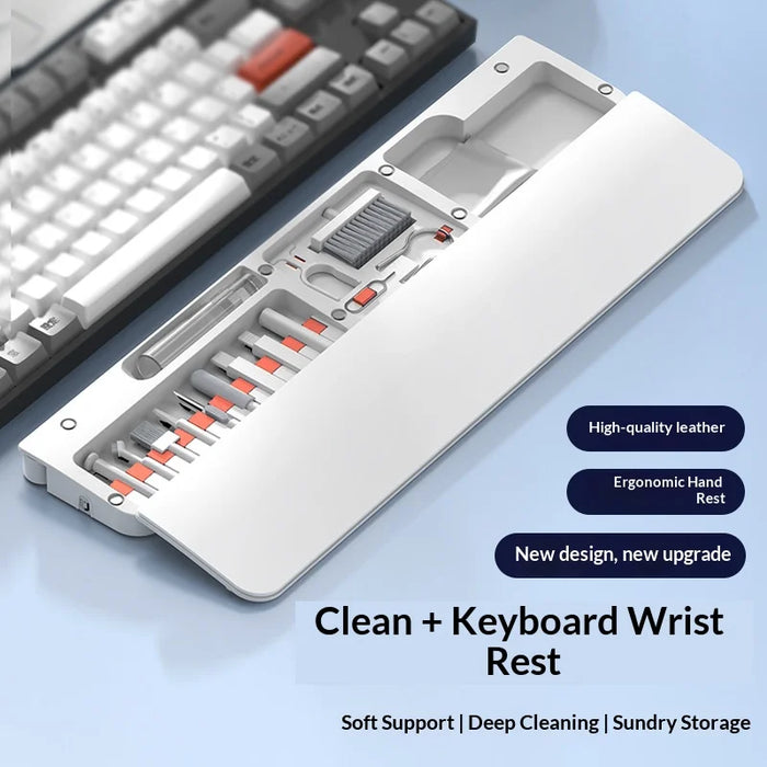 Multifunctional PU Leather Keyboard Wrist Rest Cleaning Kit Organizer Box for Phone/Camera/Earphones Cleaning Tools - White - 4