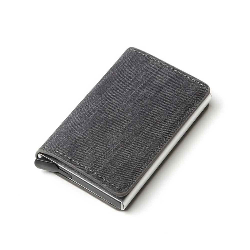 RFID Anti-theft Swiping Business Automatic Magnetic Wallet Denim Metal Wallet Card Box - Grey - 1