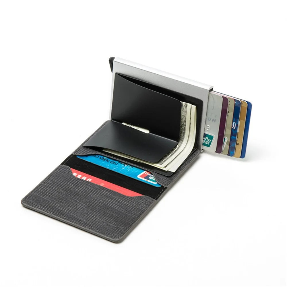 RFID Anti-theft Swiping Business Automatic Magnetic Wallet Denim Metal Wallet Card Box - Grey - 2