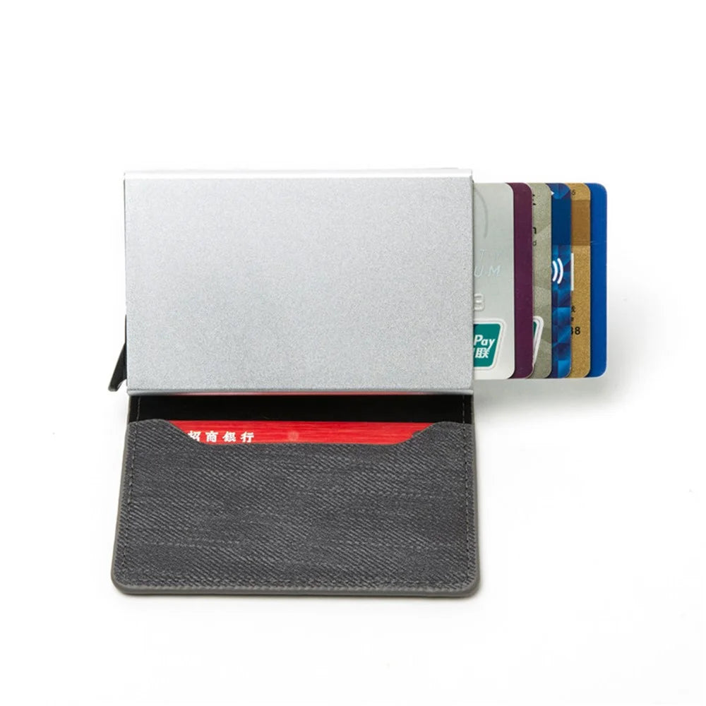 RFID Anti-theft Swiping Business Automatic Magnetic Wallet Denim Metal Wallet Card Box - Grey - 3