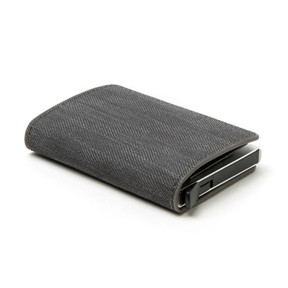 RFID Anti-theft Swiping Business Automatic Magnetic Wallet Denim Metal Wallet Card Box - Grey - 4
