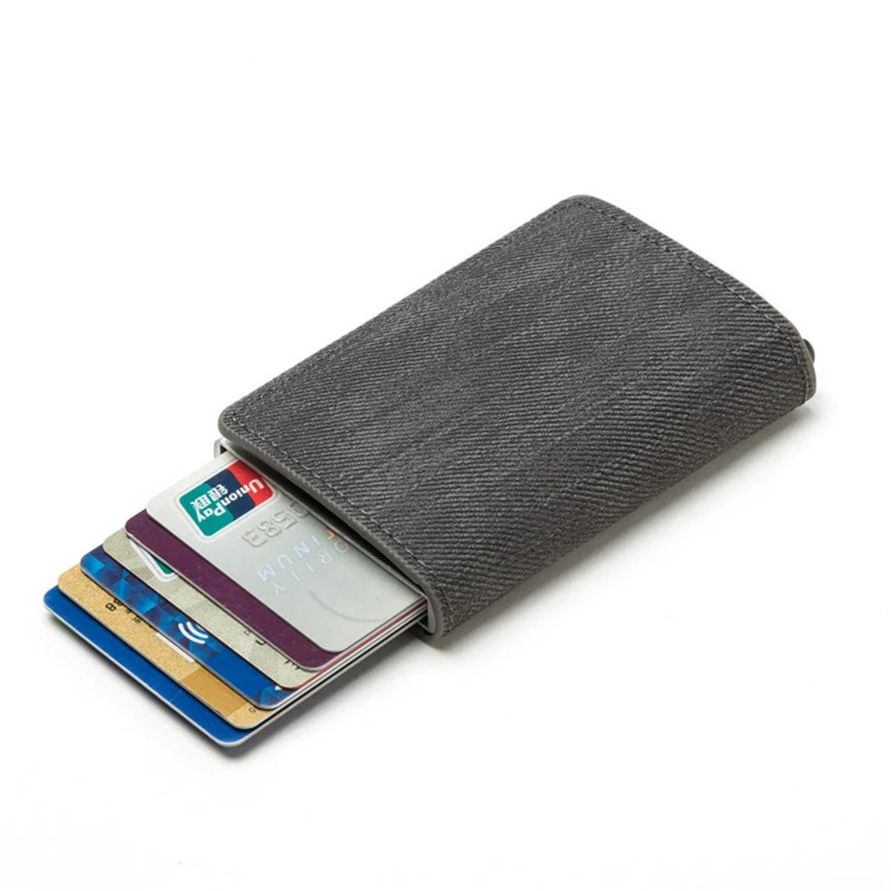 RFID Anti-theft Swiping Business Automatic Magnetic Wallet Denim Metal Wallet Card Box - Grey - 5