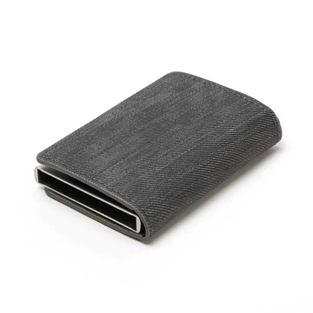 RFID Anti-theft Swiping Business Automatic Magnetic Wallet Denim Metal Wallet Card Box - Grey - 6