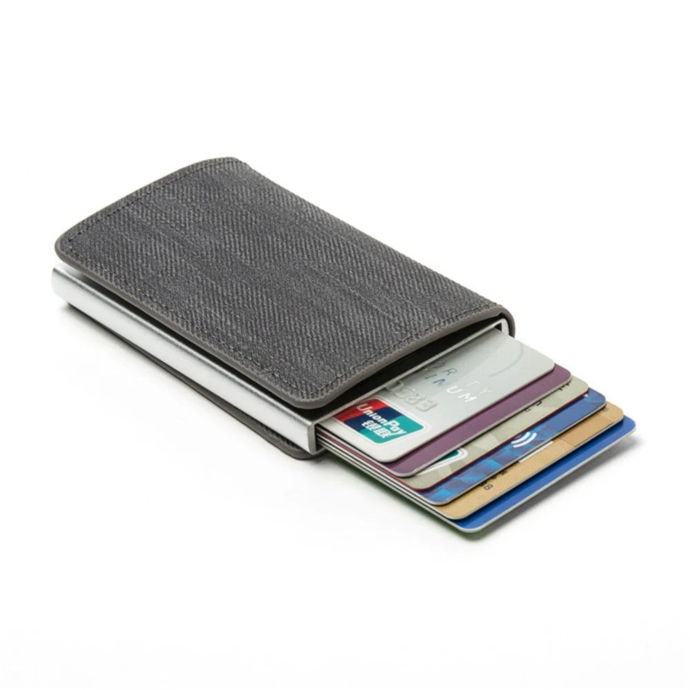 RFID Anti-theft Swiping Business Automatic Magnetic Wallet Denim Metal Wallet Card Box - Grey - 7