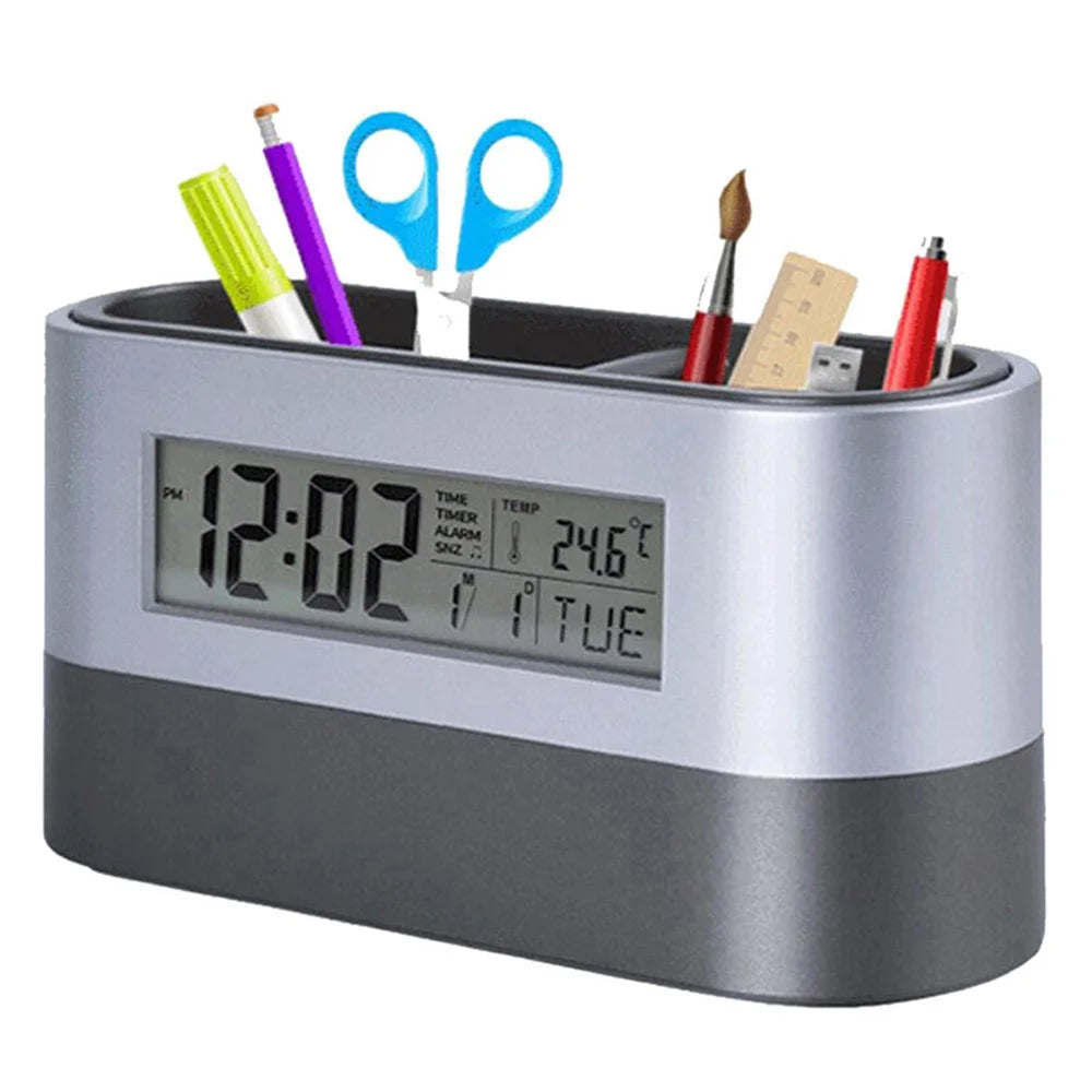 Pen Holder Organizer with LCD Screen Clock Function Temperature Perpetual Calendar Display Countdown Alarm Snooze Mode - 1