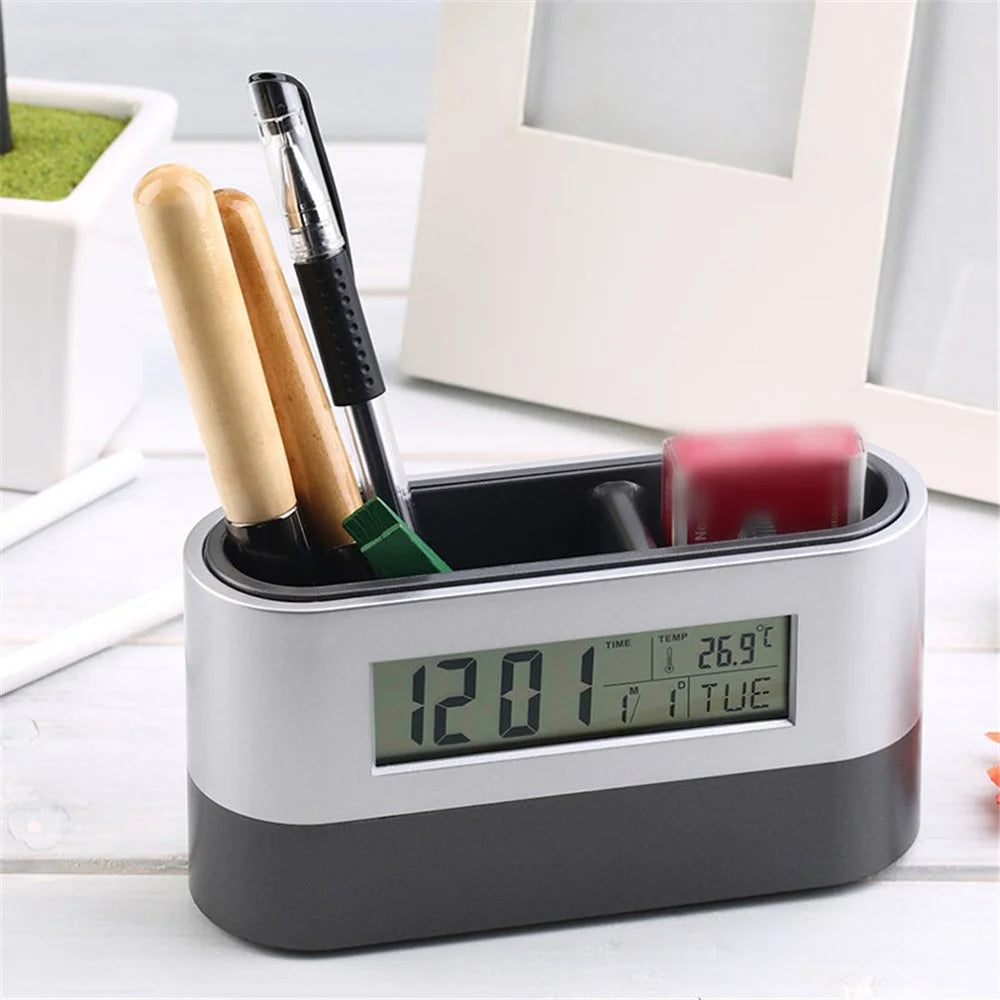Pen Holder Organizer with LCD Screen Clock Function Temperature Perpetual Calendar Display Countdown Alarm Snooze Mode - 4