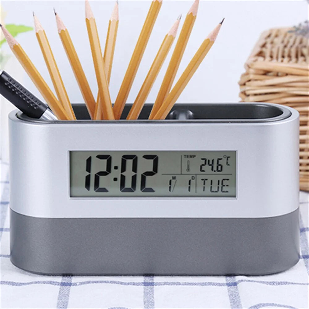 Pen Holder Organizer with LCD Screen Clock Function Temperature Perpetual Calendar Display Countdown Alarm Snooze Mode - 5