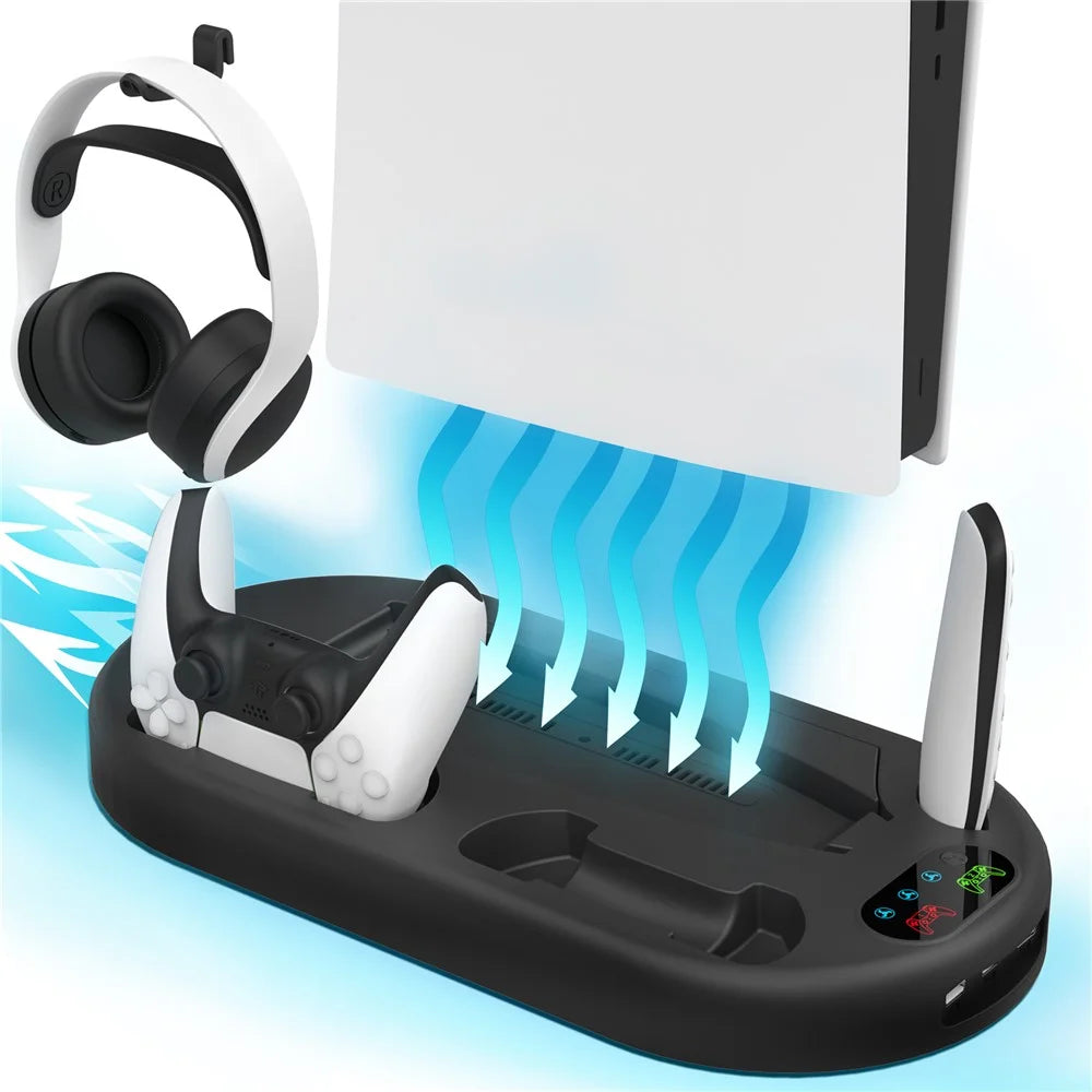 For Sony PS5 Console Controllers Charging Dock Cooler Stand Holder Headphone Holder - Black - 1