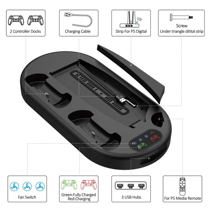 For Sony PS5 Console Controllers Charging Dock Cooler Stand Holder Headphone Holder - Black - 3