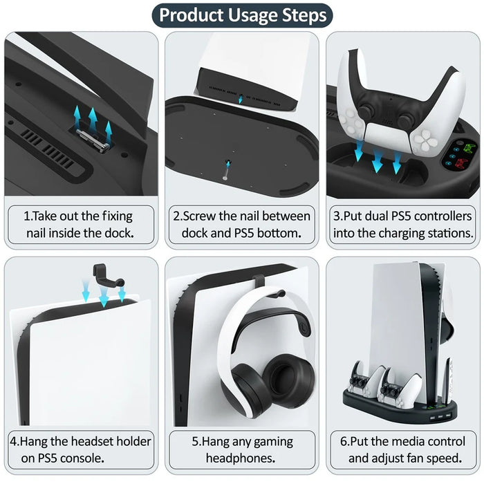 For Sony PS5 Console Controllers Charging Dock Cooler Stand Holder Headphone Holder - Black - 7